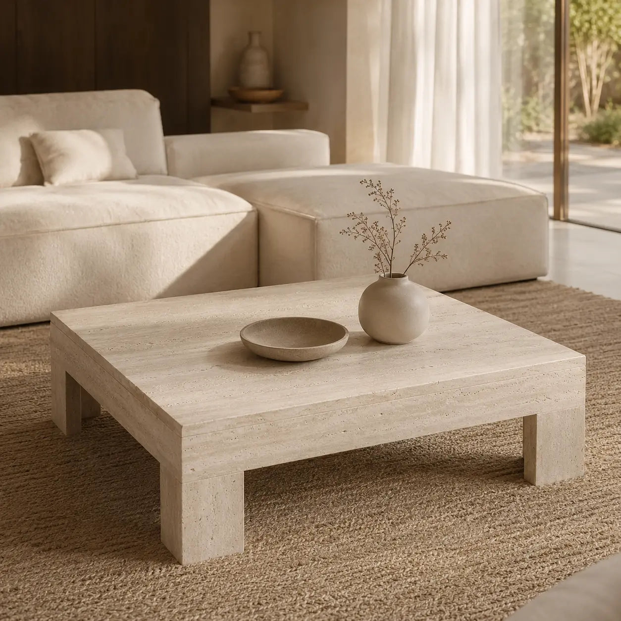 Table basse carrée en travertin naturel – Moderne, élégante et intemporelle Modernista Maroc