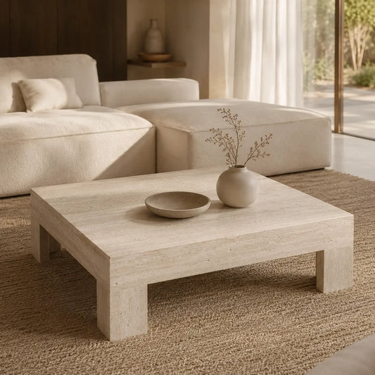 Table basse carrée en travertin naturel – Moderne, élégante et intemporelle Modernista Maroc