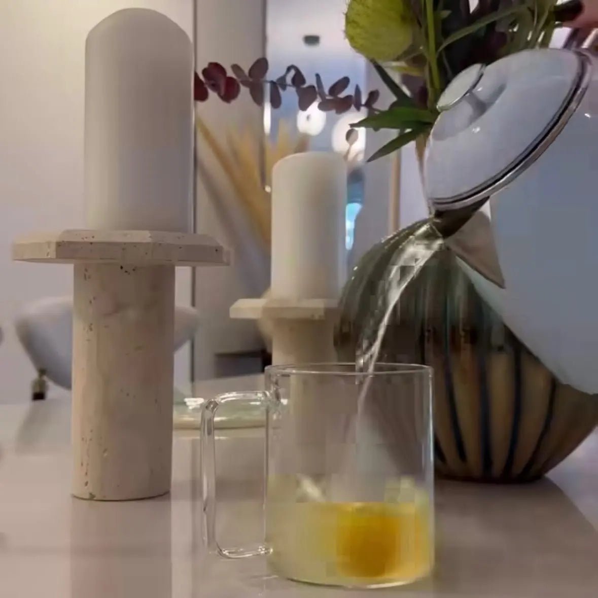 Ensemble de trois piliers pour bougies en travertin - Modernista Maroc