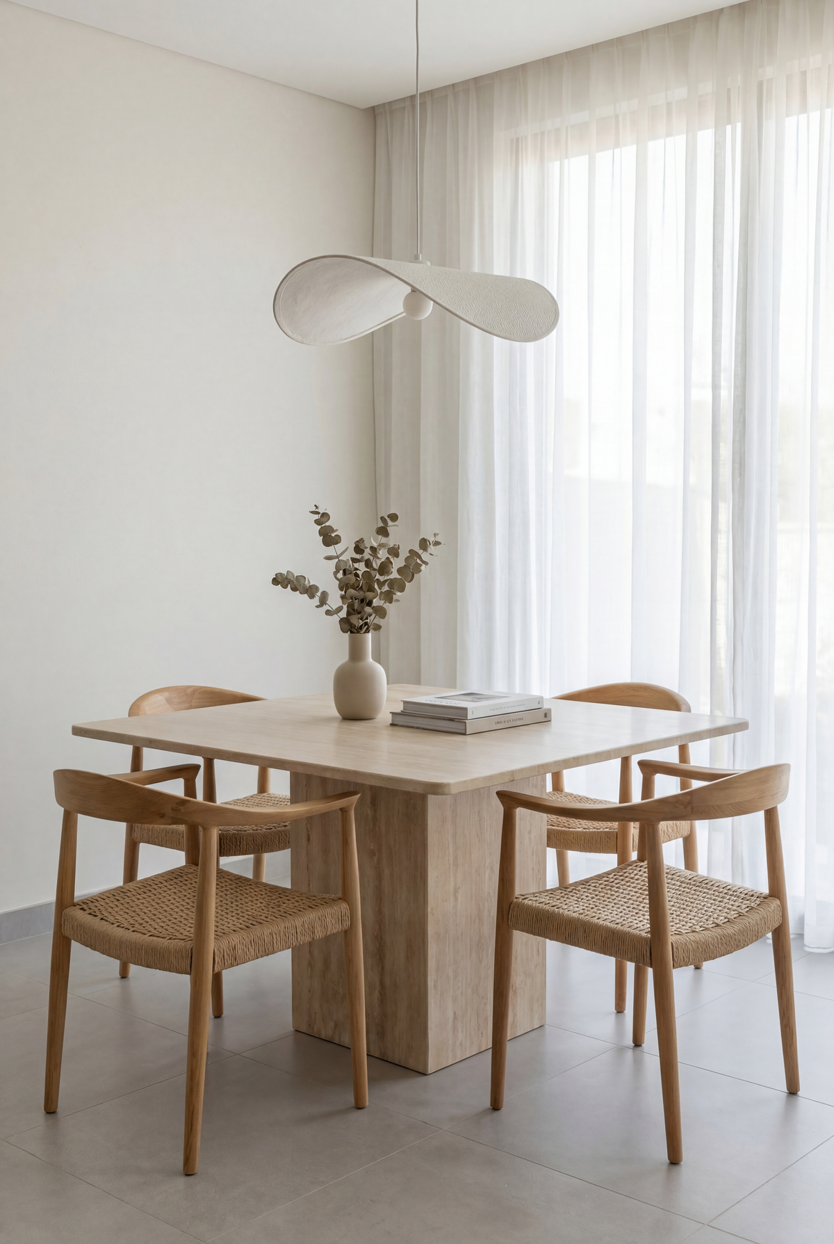 Table à manger carrée en travertin Kallisto avec chaises en bois et corde