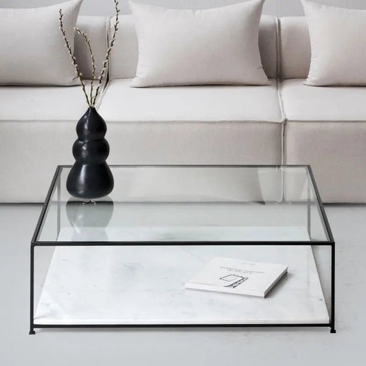 Table Basse en Verre et Marbre Blanc - Modernista Maroc