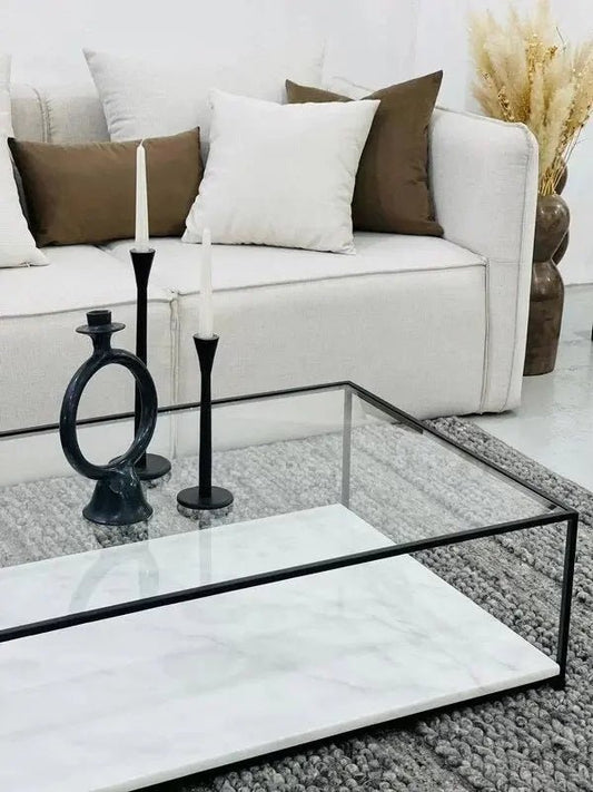 Table Basse Orla en Verre et Marbre Blanc - Modernista Maroc