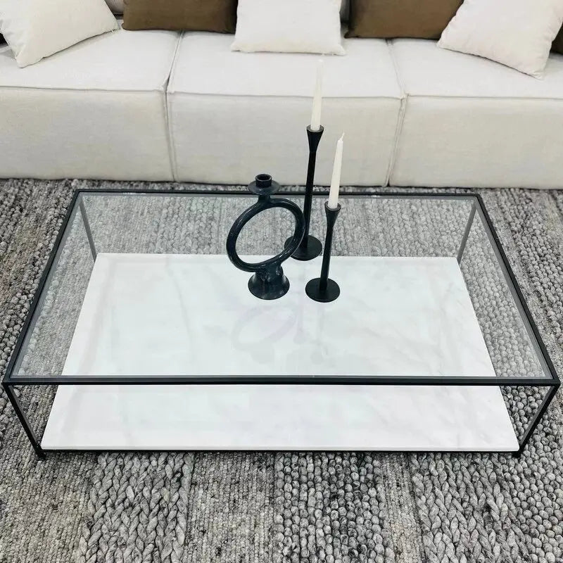 Table Basse Orla en Verre et Marbre Blanc - Modernista Maroc