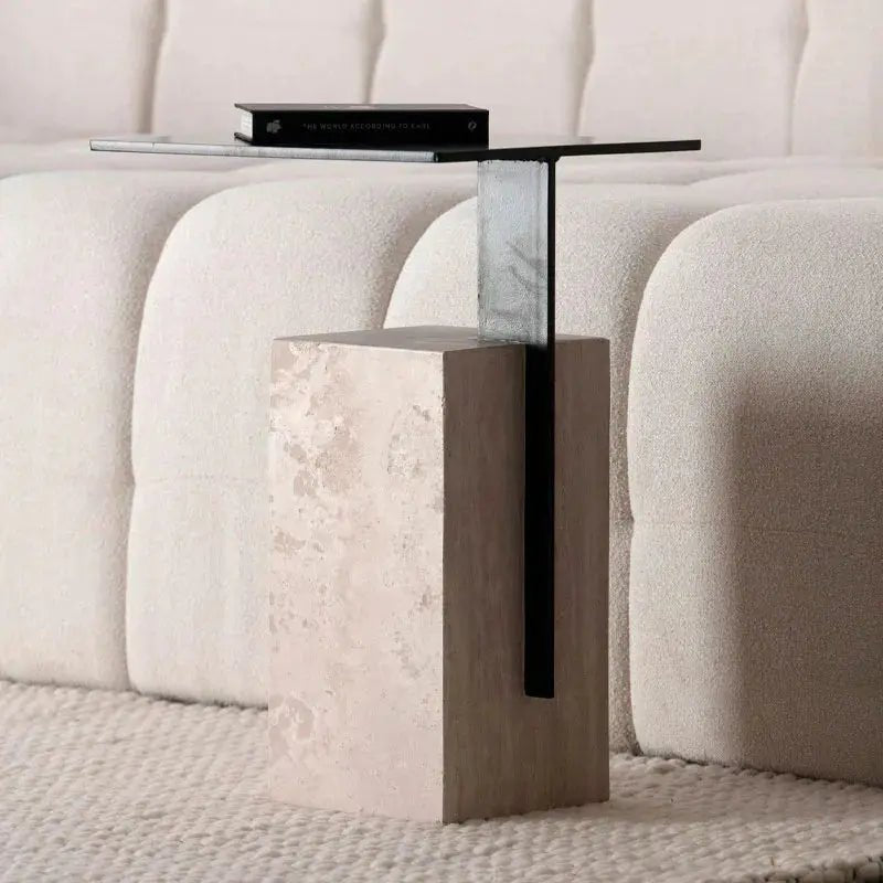 Table d’appoint travertin & métal – modèle Néro - Modernista Maroc