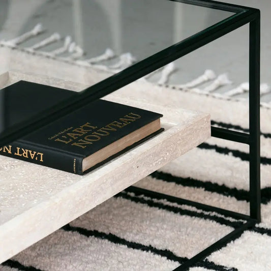 Table basse en verre et Travertin Minos - Modernista Maroc