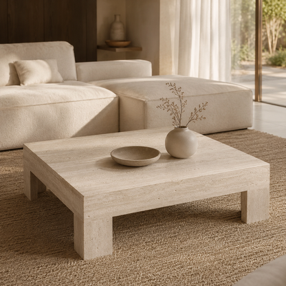Table basse carrée en travertin naturel – Moderne, élégante et intemporelle
