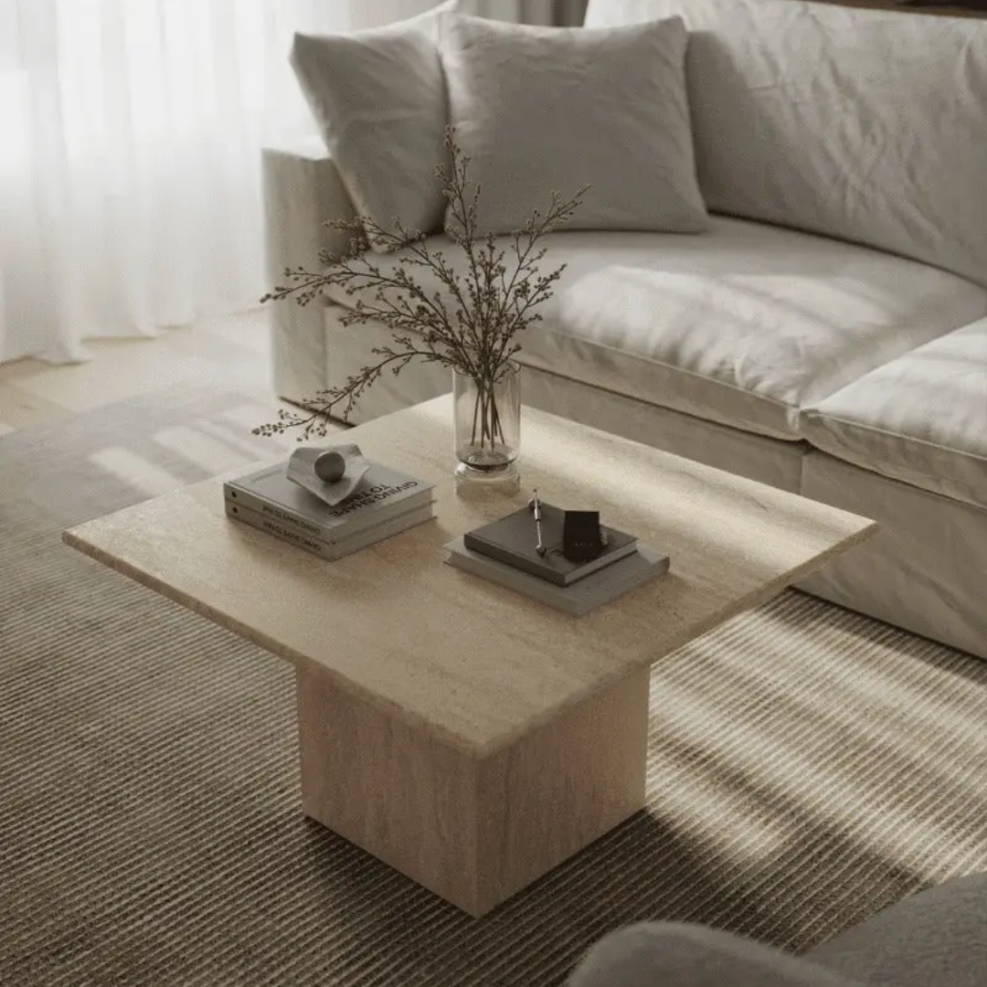Table Basse Delphes en Travertin avec Coins Arrondis