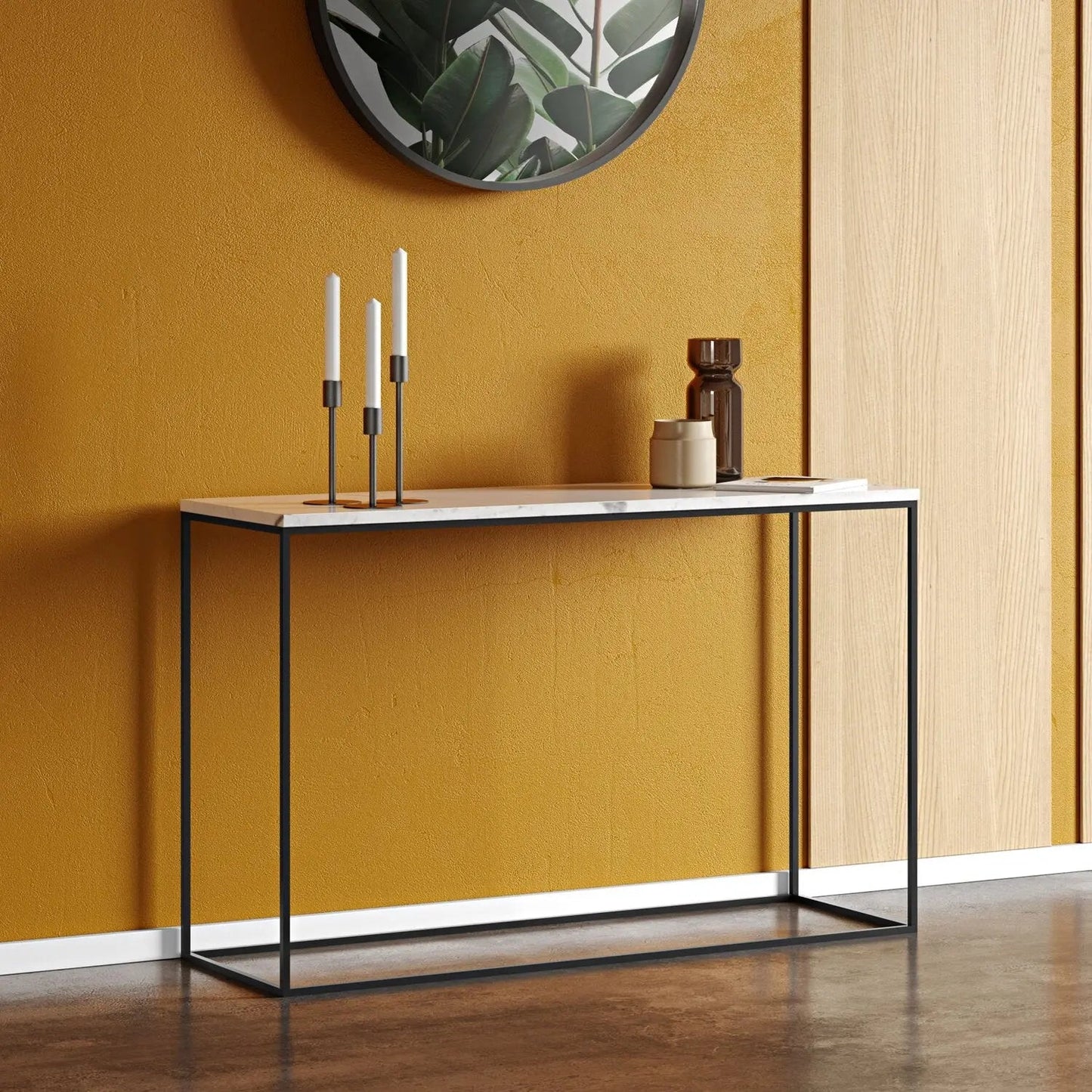 Console en Marbre Blanc et Métal Noir – Minimalisme et Raffinement - Modernista Maroc