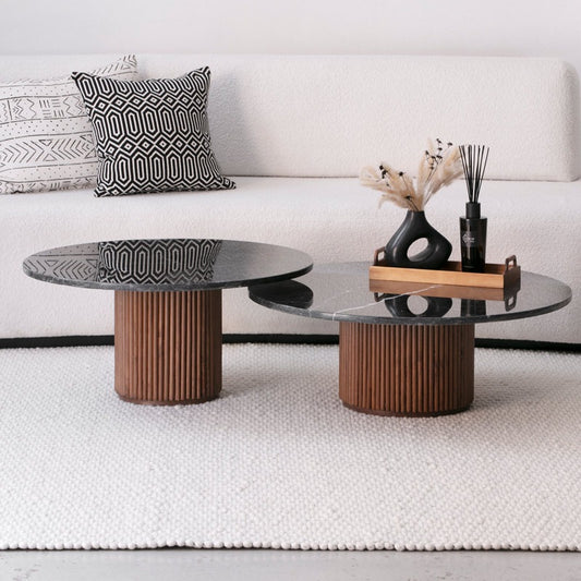 Duo de Tables Basses Nero en Marbre Noir et Bardage Bois Massif