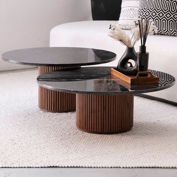 Duo de Tables Basses Nero en Marbre Noir et Bardage Bois Massif