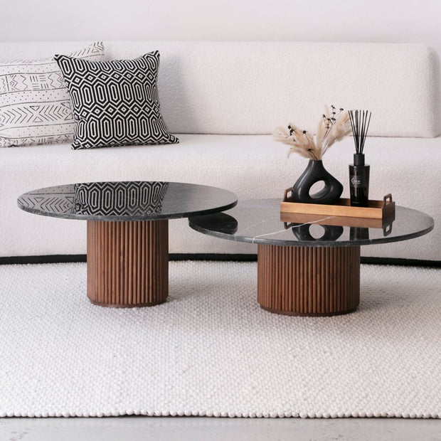 Duo de Tables Basses Nero en Marbre Noir et Bardage Bois Massif