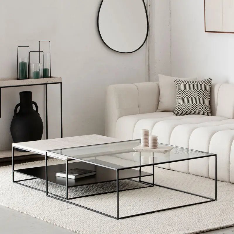 Duo de tables basses Velora en travertin et verre - Modernista Maroc