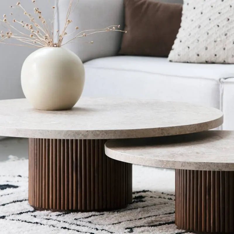 Duo de Tables Basses Venera en Travertin et Bois - Modernista Maroc