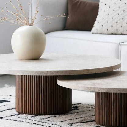 Duo de Tables Basses Venera en Travertin et Bois - Modernista Maroc
