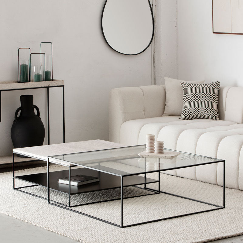 Duo de tables basses Velora en travertin et verre