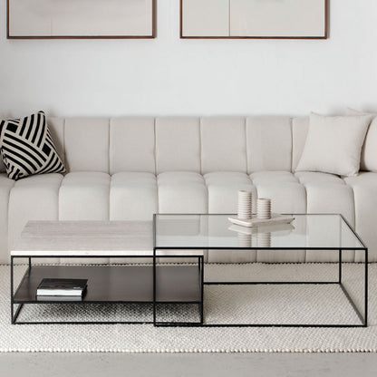 Duo de tables basses Velora en travertin et verre