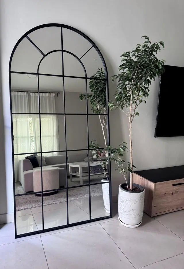 Grand Miroir Arqué Noir avec Grille - Modernista Maroc