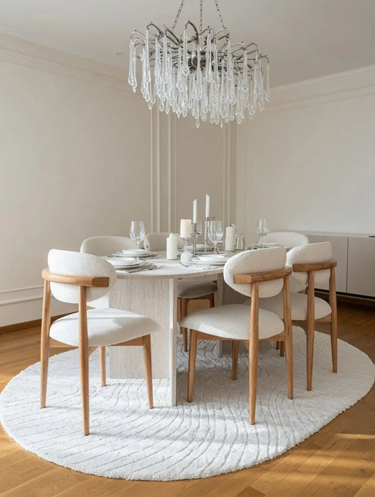 Table à manger ovale en travertin avec chaises bouclette Modernista Maroc