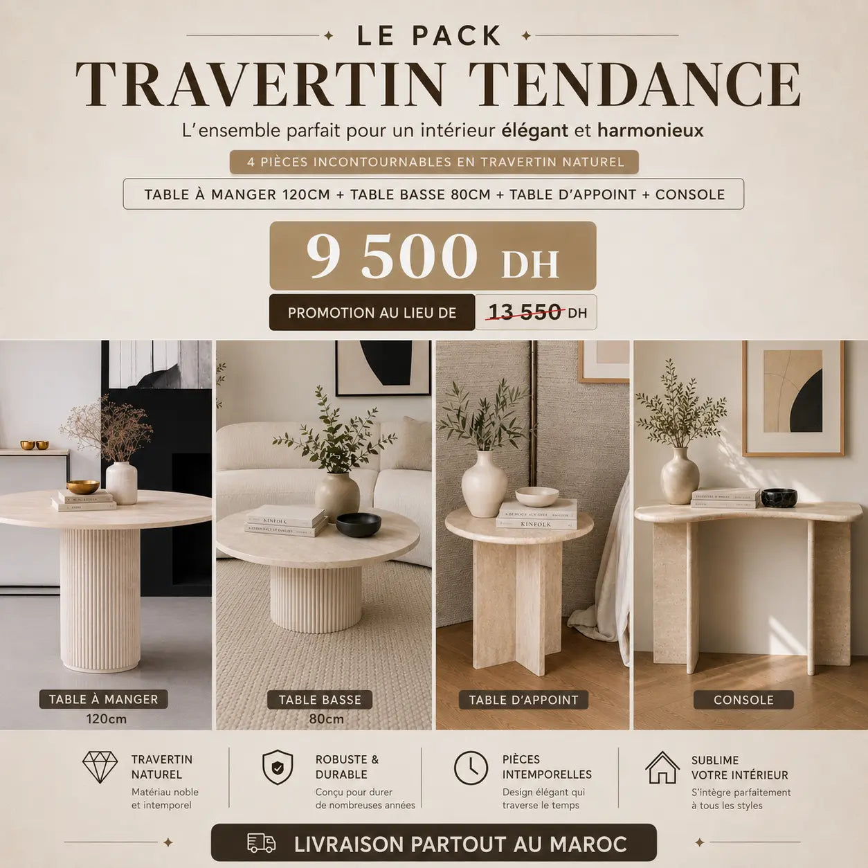 Promotion Pack Travertin Tendance – 4 pièces incontournables - Modernista Maroc