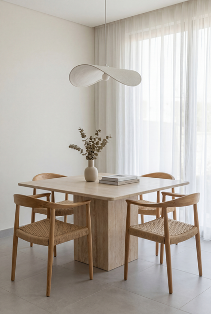 Table à manger carrée en travertin Kallisto avec chaises en bois et corde