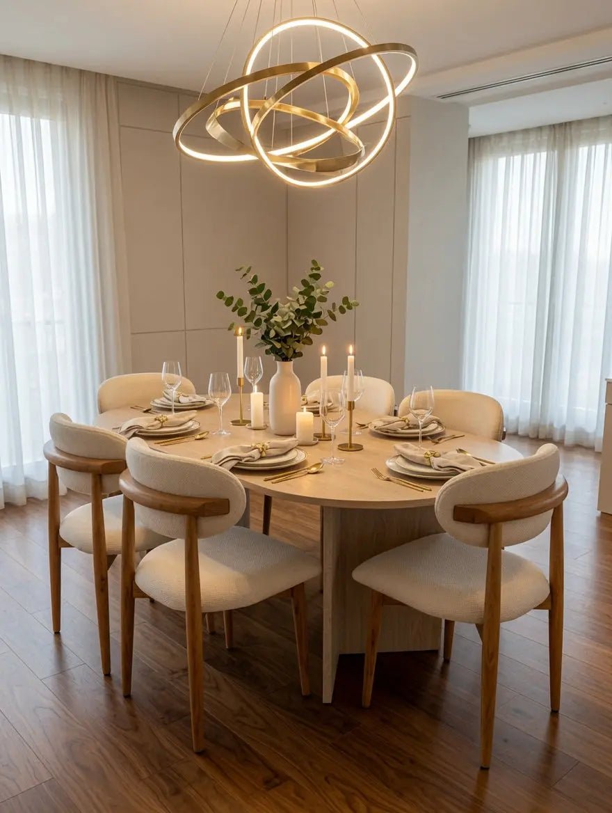 Table à manger ovale en travertin avec chaises bouclette - Modernista Maroc