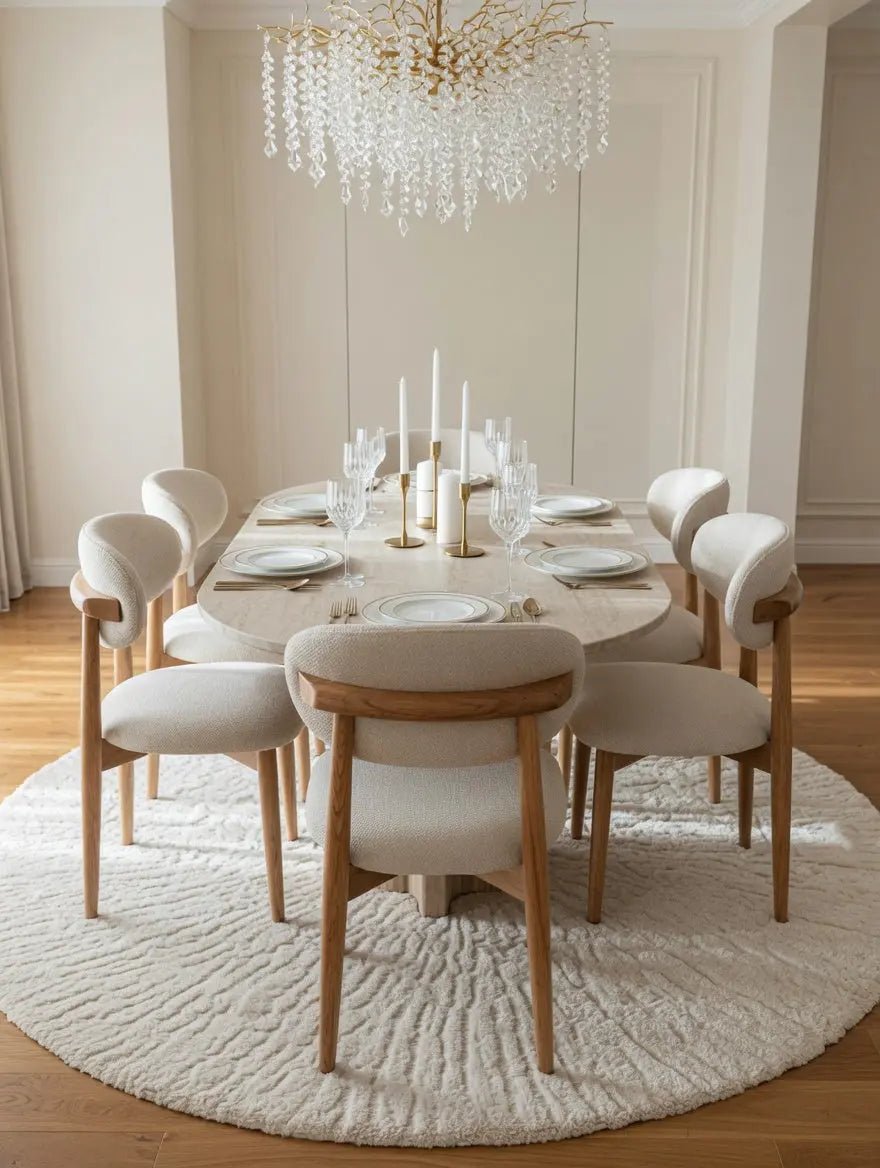Table à manger ovale en travertin avec chaises bouclette - Modernista Maroc