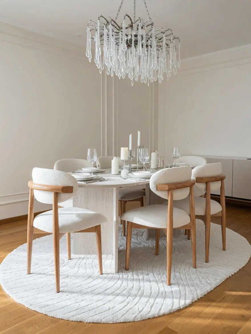 Table à manger ovale en travertin avec chaises bouclette - Modernista Maroc
