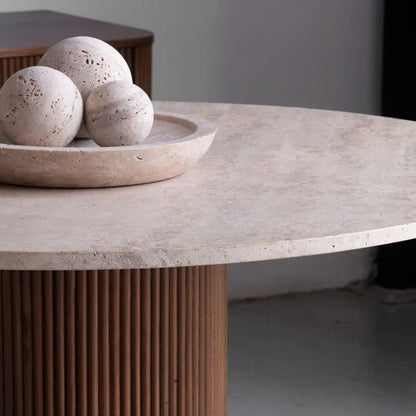 Table à manger Sahara en travertin et bois - Modernista Maroc