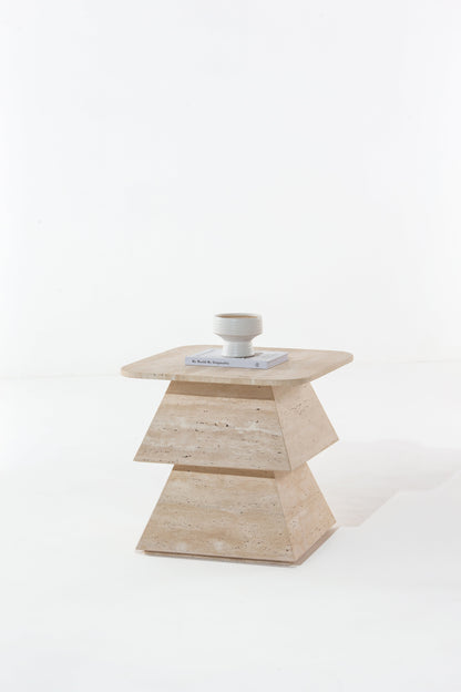 Table d'appoint totem en travertin avec coupe en céramique