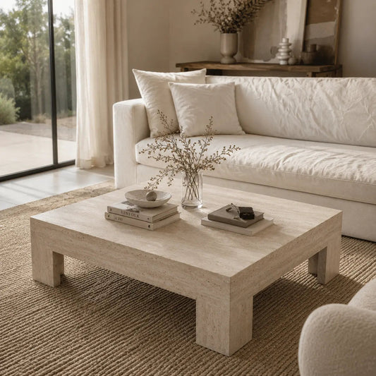 Table basse carrée en travertin naturel – Moderne, élégante et intemporelle - Modernista Maroc