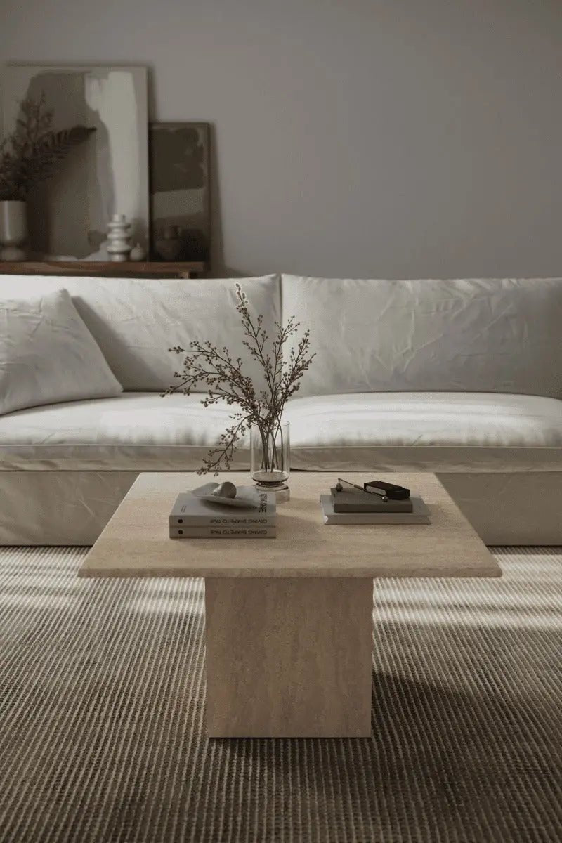 Table Basse Delphes en Travertin avec Coins Arrondis - Modernista Maroc