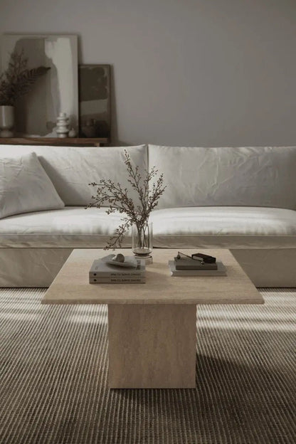 Table Basse Delphes en Travertin avec Coins Arrondis - Modernista Maroc