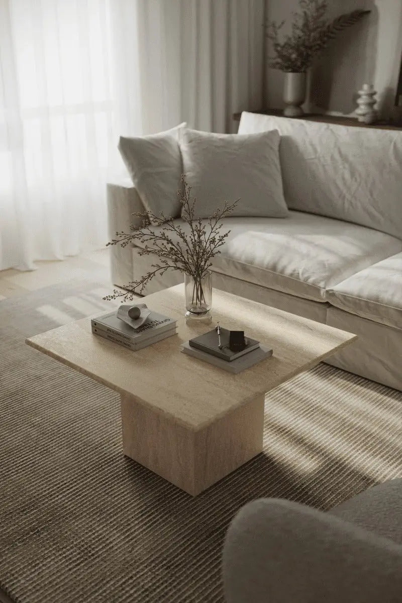 Table Basse Delphes en Travertin avec Coins Arrondis - Modernista Maroc