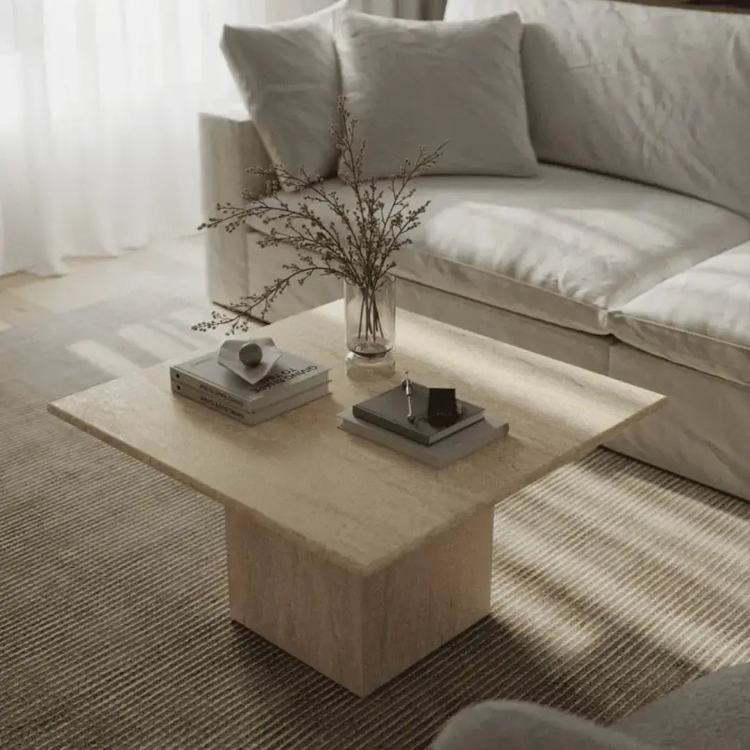 Table Basse Delphes en Travertin avec Coins Arrondis - Modernista Maroc