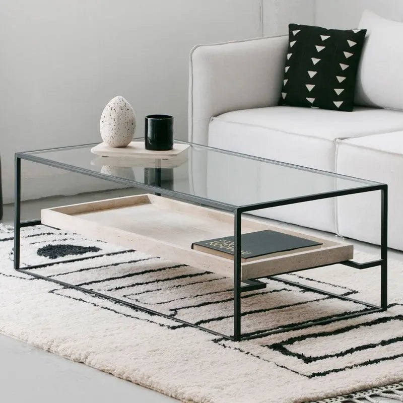 Table Basse Minos en Verre et Travertin - Modernista Maroc