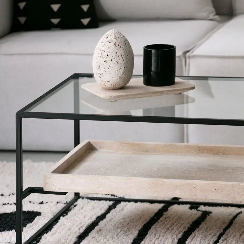 Table Basse Minos en Verre et Travertin - Modernista Maroc
