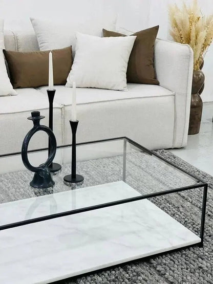 Table Basse Orla en Verre et Marbre Blanc - Modernista Maroc