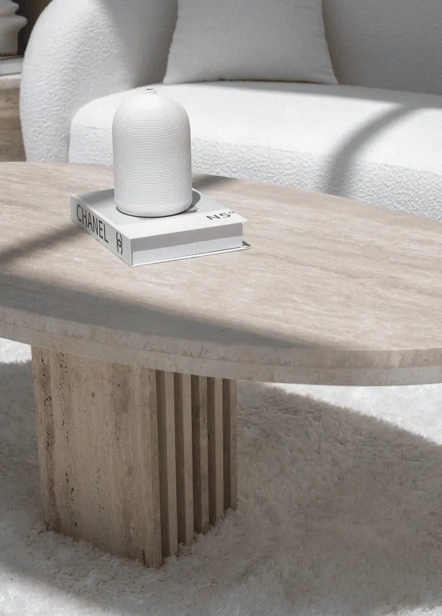 Table Basse Ovale en Travertin avec Base en Lamelles de Travertin (2 Tailles) - Modernista Maroc