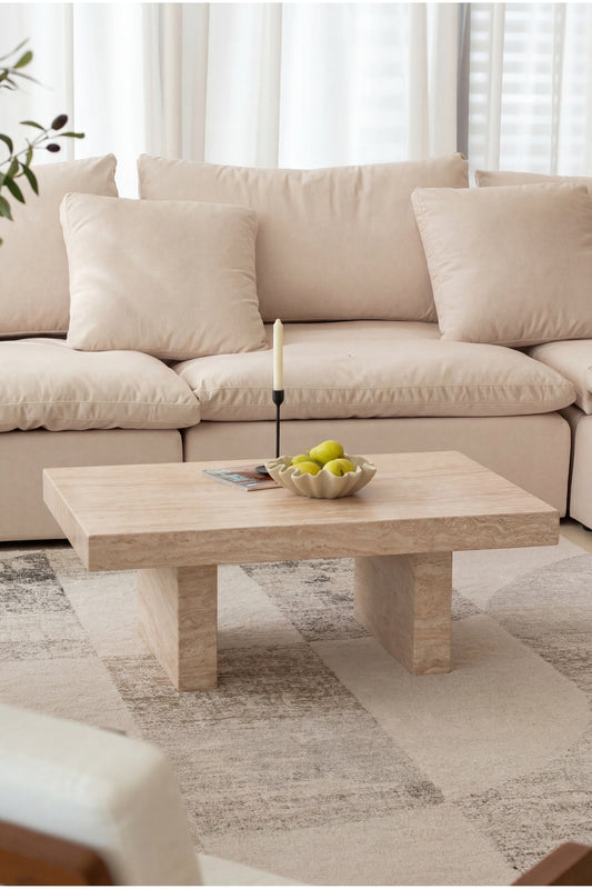 Table basse rectangulaire en travertin Palladio sur quatre pieds blocs