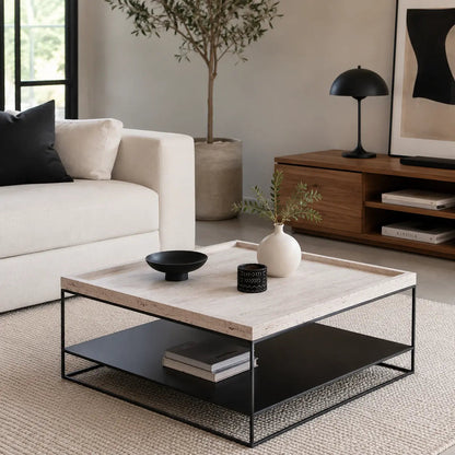Table basse Tavira en travertin et structure noire - Modernista Maroc