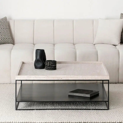 Table basse Tavira en travertin et structure noire - Modernista Maroc