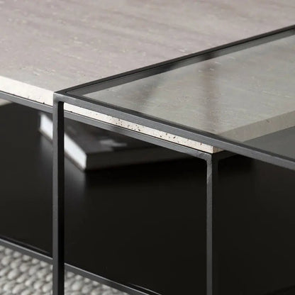 Table basse Tavira en travertin et structure noire - Modernista Maroc