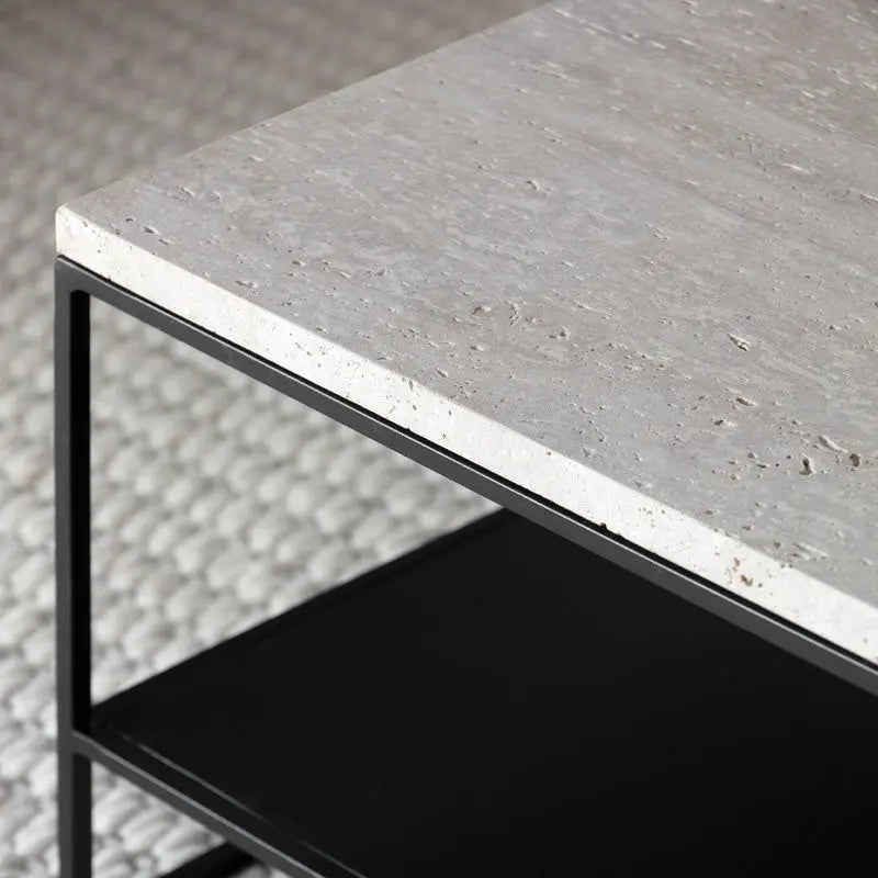 Table basse Tavira en travertin et structure noire - Modernista Maroc