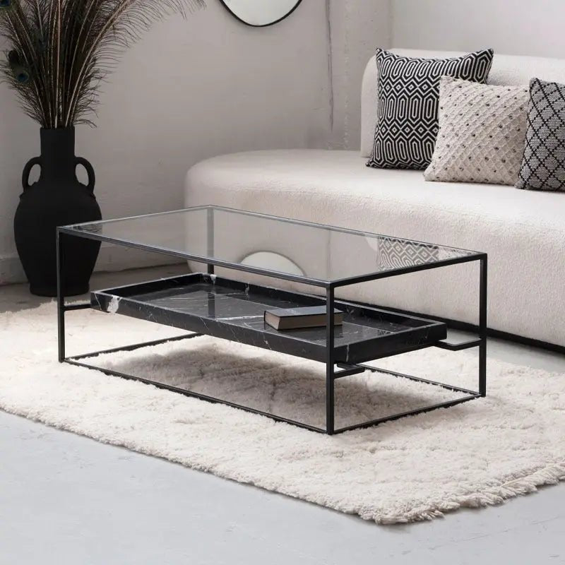 Table Basse Valeria en Verre & Marbre Noir — Design Épuré et Contrastes Élégants - Modernista Maroc