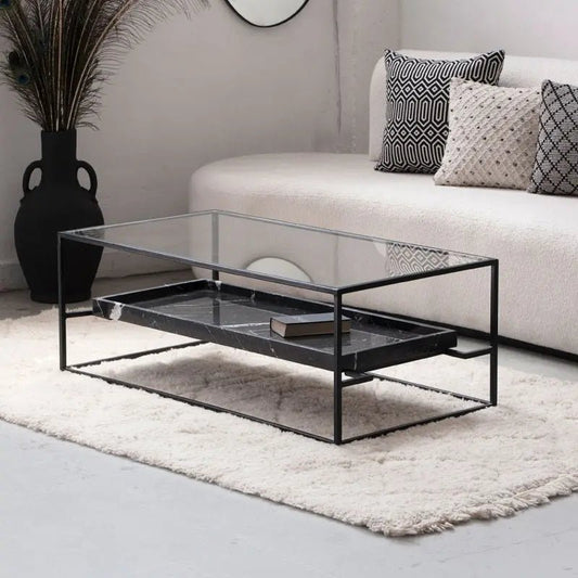 Table Basse Valeria en Verre & Marbre Noir — Design Épuré et Contrastes Élégants - Modernista Maroc