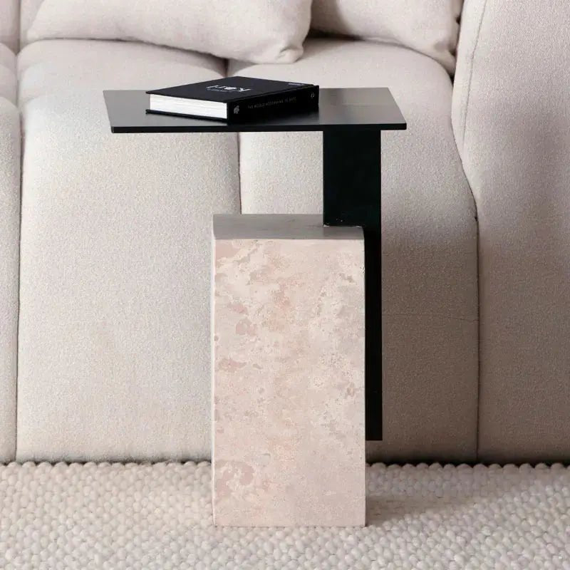 Table d’appoint travertin & métal – modèle Néro - Modernista Maroc