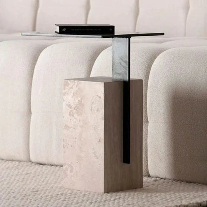 Table d’appoint travertin & métal – modèle Néro - Modernista Maroc