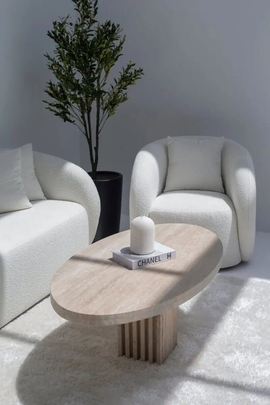 Table Basse Ovale en Travertin avec Base en Lamelles de Travertin (2 Tailles) - Modernista Maroc