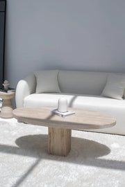 Table Basse Ovale en Travertin avec Base en Lamelles de Travertin (2 Tailles) - Modernista Maroc