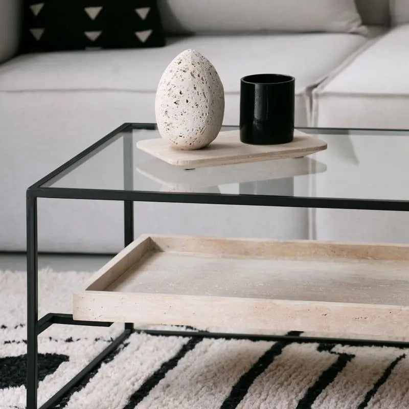 Table basse en verre et Travertin Minos - Modernista Maroc